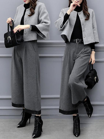 グレイカジュアル セットアップ ラウンドネック グレイ 長袖 セット バイカラー カジュアル ボタン レディースファッション