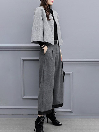 カジュアル セットアップ ラウンドネック グレイ 長袖 セット バイカラー カジュアル ボタン レディースファッション