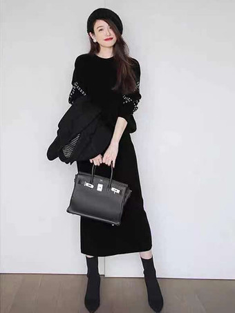 ブラック カジュアル セットアップ ラウンドネック カーキ 長袖 無地 シンプル レディースファッション