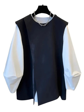 ホワイト＋ブラックカジュアル セットアップ ラウンドネック ホワイト＋ブラック 長袖 バイカラー シンプル レディースファッション