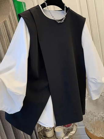 カジュアル セットアップ ラウンドネック ホワイト＋ブラック 長袖 バイカラー シンプル レディースファッション