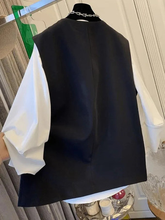 カジュアル セットアップ ラウンドネック ホワイト＋ブラック 長袖 バイカラー シンプル レディースファッション