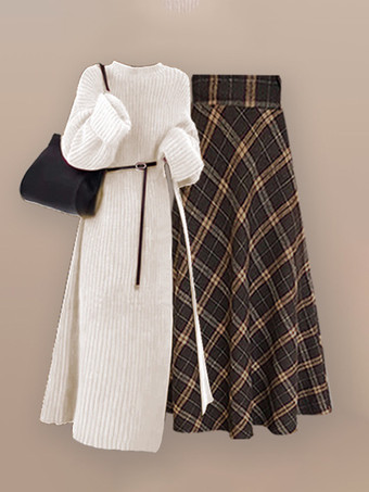 カジュアル セットアップ ラウンドネック 長袖 チェック柄 バックルベルト シンプル レディースファッション