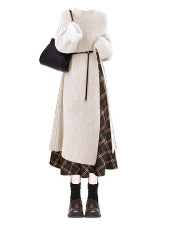 カジュアル セットアップ ラウンドネック 長袖 チェック柄 バックルベルト シンプル レディースファッション