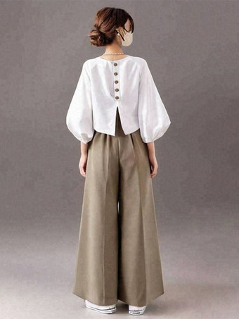 カジュアル セットアップ ラウンドネック 七分袖 ワイドレッグ 無地 シンプル レディースファッション
