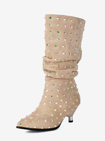 ブラック ミッドカーフブーツ スエード ポインテッドトゥ ラインストーン スラウチブーツ