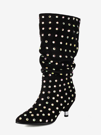 ブラック ミッドカーフブーツ スエード ポインテッドトゥ ラインストーン スラウチブーツ