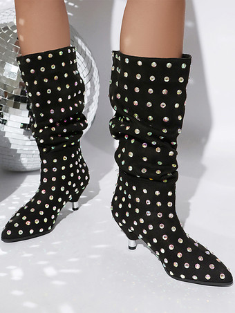 ブラック ミッドカーフブーツ スエード ポインテッドトゥ ラインストーン スラウチブーツ