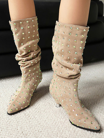 ブラック ミッドカーフブーツ スエード ポインテッドトゥ ラインストーン スラウチブーツ