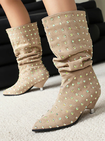 アプリコットブラック ミッドカーフブーツ スエード ポインテッドトゥ ラインストーン スラウチブーツ