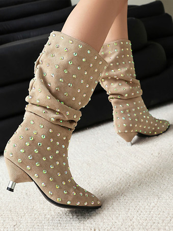 ブラック ミッドカーフブーツ スエード ポインテッドトゥ ラインストーン スラウチブーツ