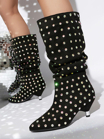 ブラック ブラック ミッドカーフブーツ スエード ポインテッドトゥ ラインストーン スラウチブーツ