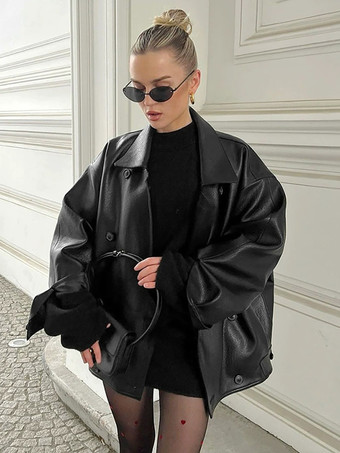 ブラック フェイクレザー リラックスフィット レトロジャケット レディース 2025