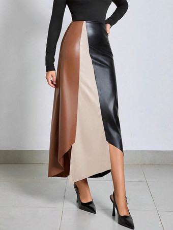 ハイウエスト＆アシンメトリースリット入りフェイクレザースカート（レディース 2025）