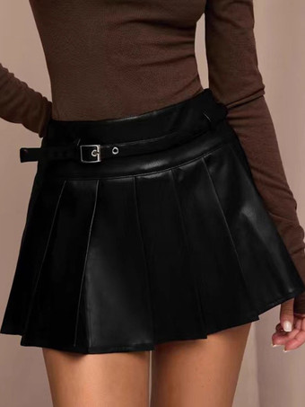 ブラック PUレザーのシックなショートプリーツスカート（レディース）2025
