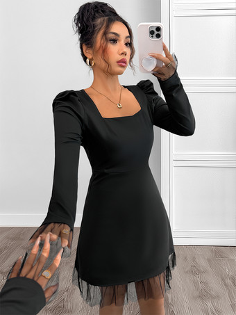 レディース向けブラックスクエアネックAラインミニドレス 2025