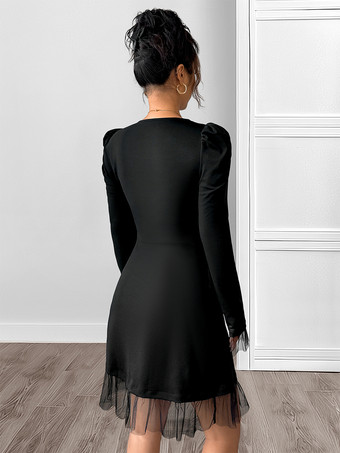 レディース向けブラックスクエアネックAラインミニドレス 2025