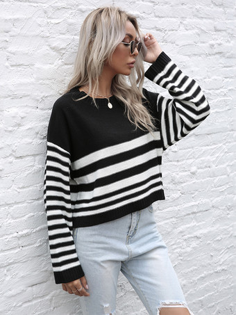 ストライプ柄クロップド丈ニットセーター（レディース）2025