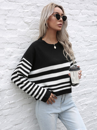 ストライプ柄クロップド丈ニットセーター（レディース）2025