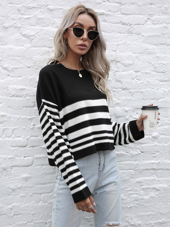 ストライプ柄クロップド丈ニットセーター（レディース）2025