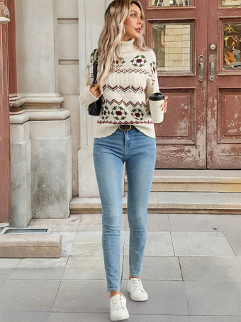 2026年レディース向けタートルネック幾何学模様ニットセーター