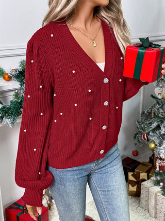 Vネックとバルーンスリーブのクリスマスレッドカーディガン（レディース用、2025年）
