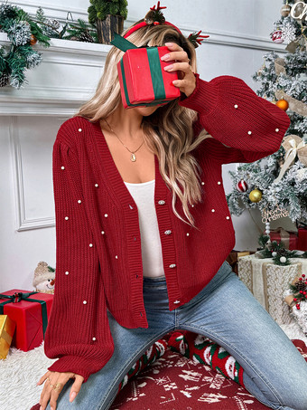 レッド Vネックとバルーンスリーブのクリスマスレッドカーディガン（レディース用、2025年）