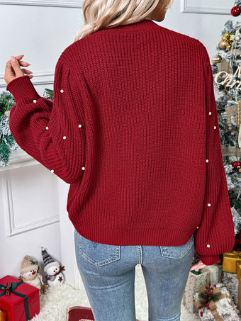 Vネックとバルーンスリーブのクリスマスレッドカーディガン（レディース用、2025年）