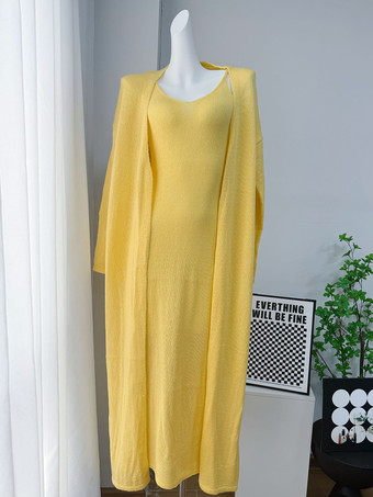 ニット3ピースコーデセット マキシワンピース、ロングカーディガン、スリップドレス レディース 2025