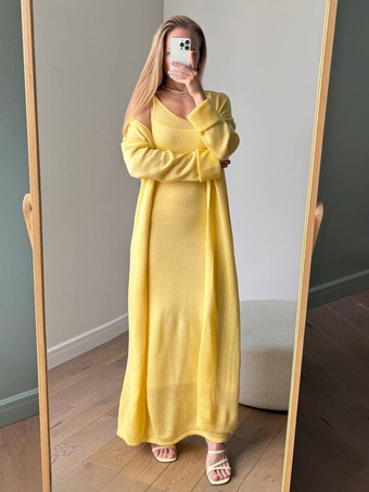 ニット3ピースコーデセット マキシワンピース、ロングカーディガン、スリップドレス レディース 2025