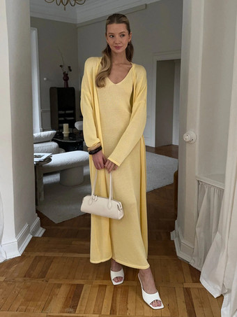 イエローニット3ピースコーデセット マキシワンピース、ロングカーディガン、スリップドレス レディース 2025