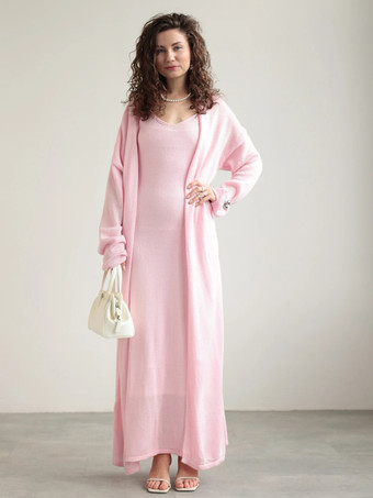 ピンクニット3ピースコーデセット マキシワンピース、ロングカーディガン、スリップドレス レディース 2025