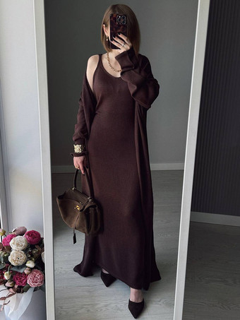 ディープブラウンニット3ピースコーデセット マキシワンピース、ロングカーディガン、スリップドレス レディース 2025