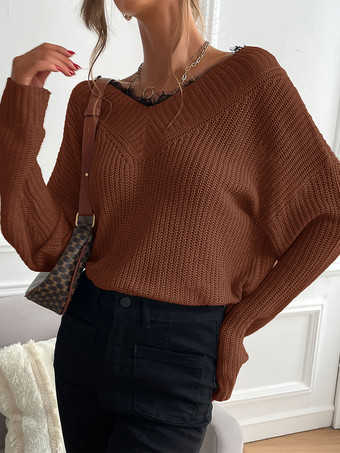 2025年レディース向けVネックのリラックスフィットニットセーター