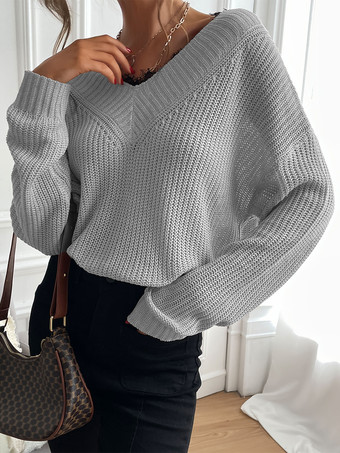 2025年レディース向けVネックのリラックスフィットニットセーター