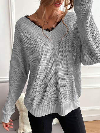 2025年レディース向けVネックのリラックスフィットニットセーター