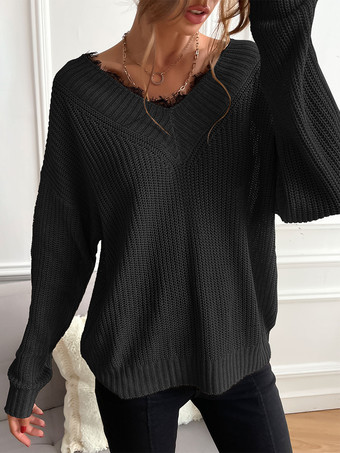 2025年レディース向けVネックのリラックスフィットニットセーター