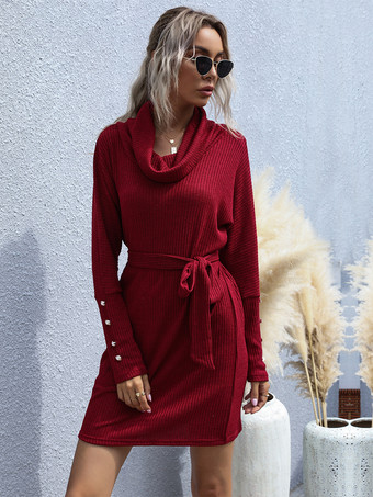 ワインレッド カウルネックニットミニドレス（タイウエスト、ボタンカフスディテール、レディース2025年）