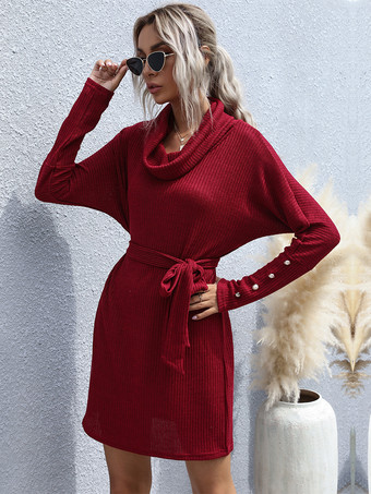 カウルネックニットミニドレス（タイウエスト、ボタンカフスディテール、レディース2025年）