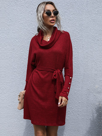 カウルネックニットミニドレス（タイウエスト、ボタンカフスディテール、レディース2025年）