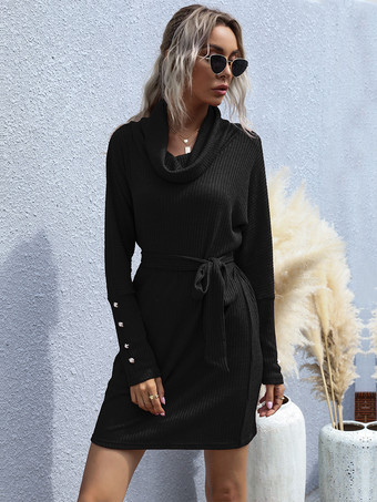 ブラック カウルネックニットミニドレス（タイウエスト、ボタンカフスディテール、レディース2025年）