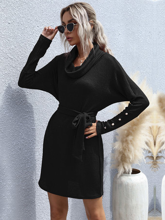 カウルネックニットミニドレス（タイウエスト、ボタンカフスディテール、レディース2025年）