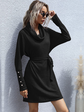 カウルネックニットミニドレス（タイウエスト、ボタンカフスディテール、レディース2025年）