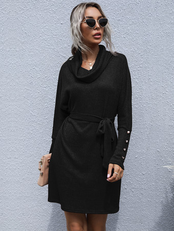 カウルネックニットミニドレス（タイウエスト、ボタンカフスディテール、レディース2025年）