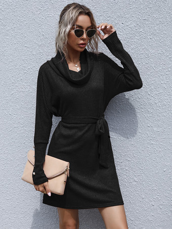 カウルネックニットミニドレス（タイウエスト、ボタンカフスディテール、レディース2025年）