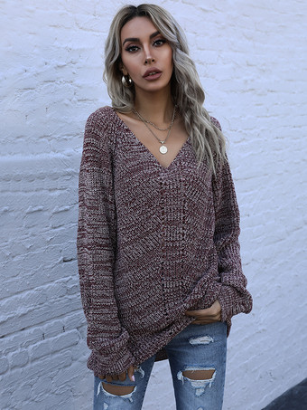 ワインレッド オーバーサイズVネックマーブルニットセータートップス（レディース）2025