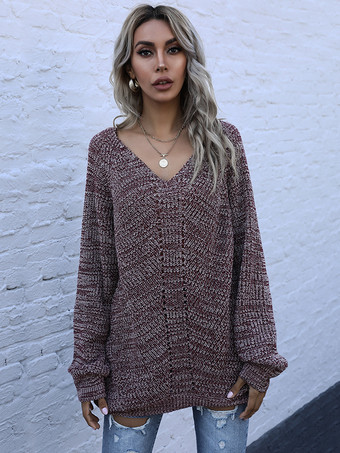 オーバーサイズVネックマーブルニットセータートップス（レディース）2025