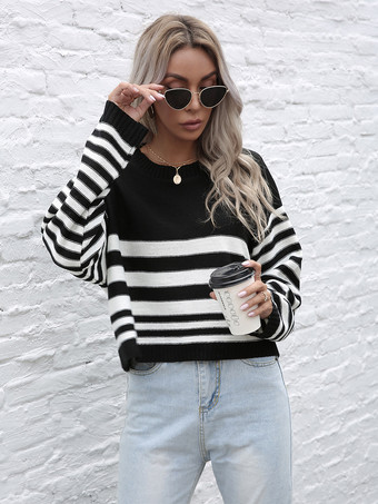ブラック ストライプ柄クロップド丈ニットセーター（レディース）2025