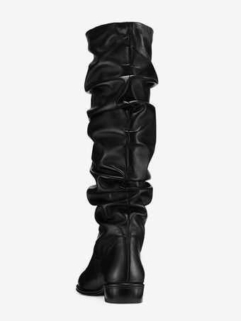 Schwarze flache Damenstiefel runde Zehenpartie geraffte Kniehohe Stiefel