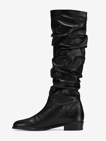 Schwarze flache Damenstiefel runde Zehenpartie geraffte Kniehohe Stiefel